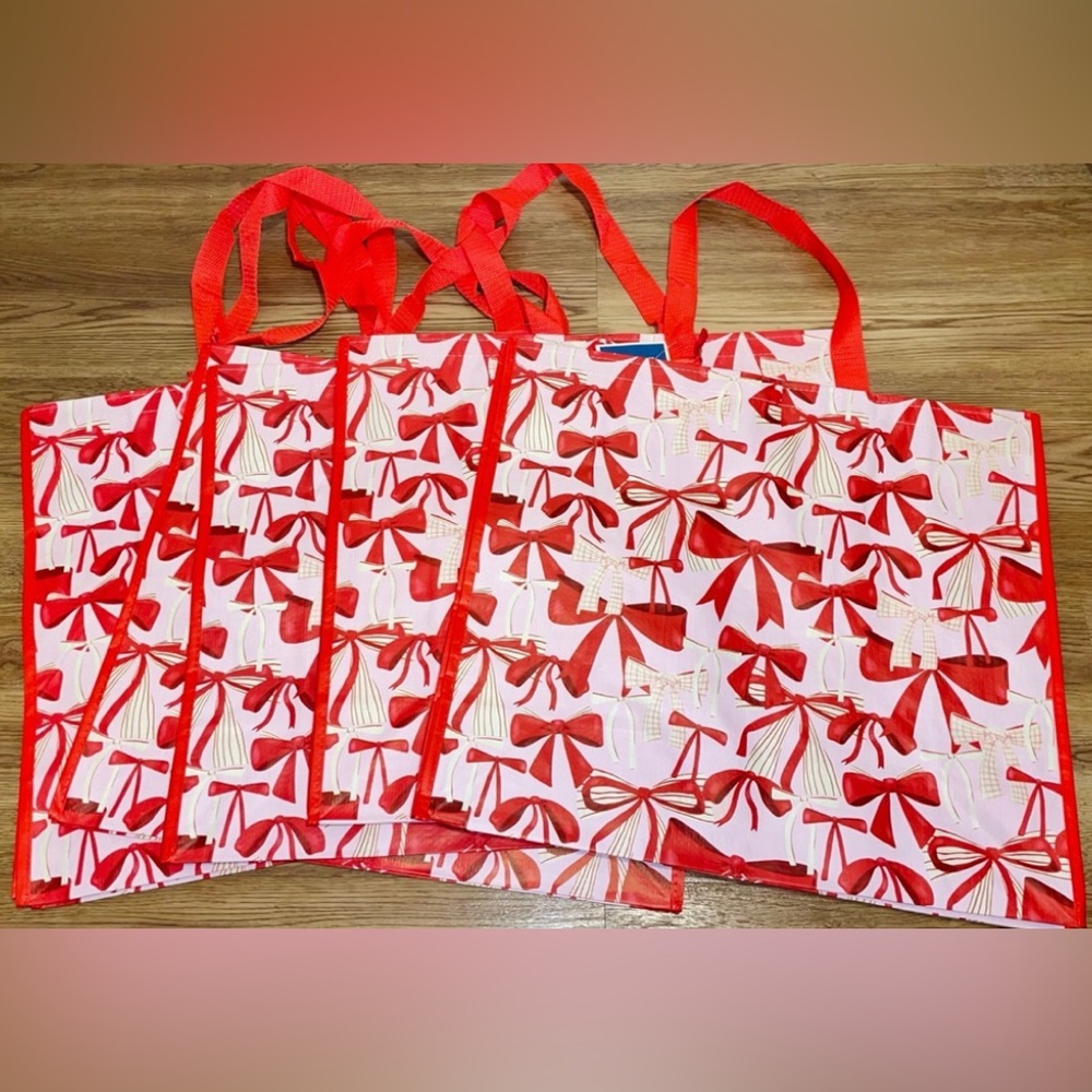 Reusable Shopping Tote Bags Christmas PINK BOWS x5 NWT